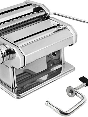 Pasta Maker Machine Stainless Steel Manual | With Adjustable Thickness Settings | Perfect for Homemade Spaghetti Fettuccini Noodles and Lasagna | Includes Removable Handle and Clamp (Silver)