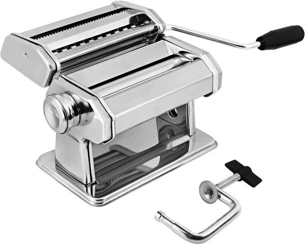 Pasta Maker Machine Stainless Steel Manual | With Adjustable Thickness Settings | Perfect for Homemade Spaghetti Fettuccini Noodles and Lasagna | Includes Removable Handle and Clamp (Silver)