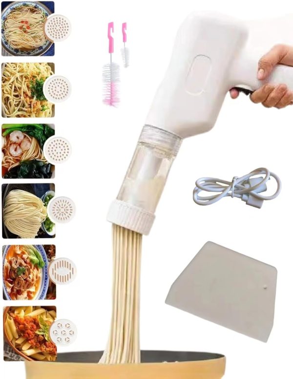 Handheld Electric Noodle Machine, Portable Italian Noodle Making Machine With Mold And Cutting Tools, 6-In-1 Cordless Noodle Machine, Automatic Dough Pressing Machine With Cleaning Brush - White