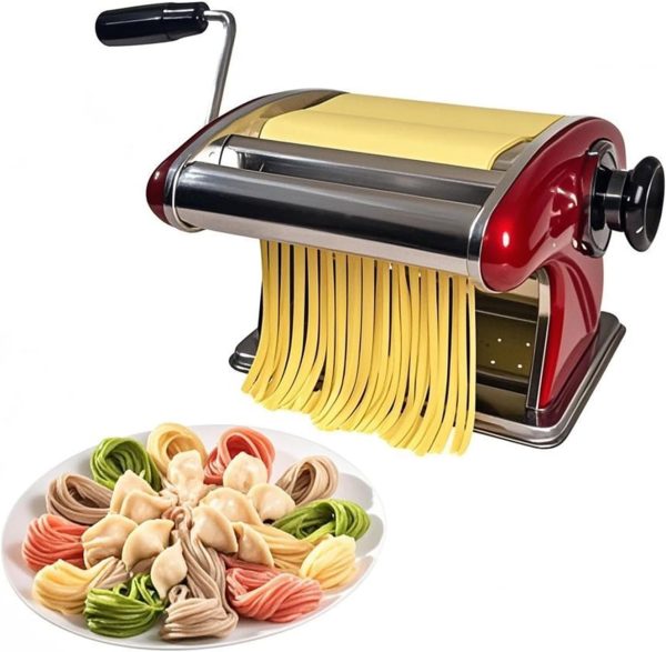 Manual Pasta Maker - Stainless Steel Noodle Machine with 2mm/4mm Cutters, Hand Crank for Homemade Spaghetti & Fettuccine