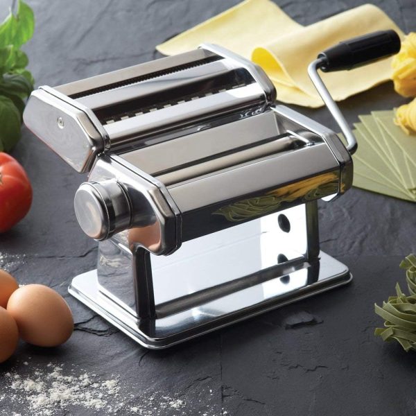 Pasta Maker Machine Stainless Steel Manual | With Adjustable Thickness Settings | Perfect for Homemade Spaghetti Fettuccini Noodles and Lasagna | Includes Removable Handle and Clamp (Silver)
