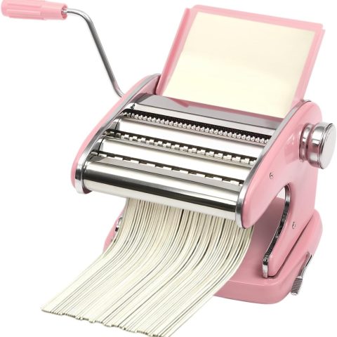 Pasta Maker Machine-6 Adjustable Thickness Settings, Adjustable Clamp, stainless steel Construction for Spaghetti, Fettuccini, Lasagna, Dumpling Skins (Pink pasta maker)
