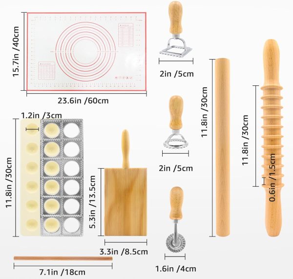 8in1 Ravioli Gnocchi Pasta Dumpling Noodle Maker Cutter Press Mold Stamp - Pasta Manual Accessories Homemade Essentials Making Tool Kit w/Silicone Pastry Mats, Wooden Dough Roller Rolling Pin