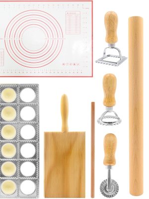 8in1 Ravioli Gnocchi Pasta Dumpling Noodle Maker Cutter Press Mold Stamp - Pasta Manual Accessories Homemade Essentials Making Tool Kit w/Silicone Pastry Mats, Wooden Dough Roller Rolling Pin