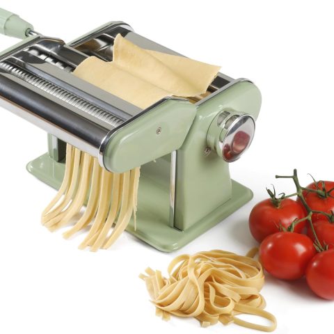 Kitchen Essential Pasta  Manual Pasta Maker Machine Noodle Maker w/Rollers & Cutters - Spaghetti, Fettuccini, Lasagna or Dumpling Skin - Stainless Steel/Juniper Green