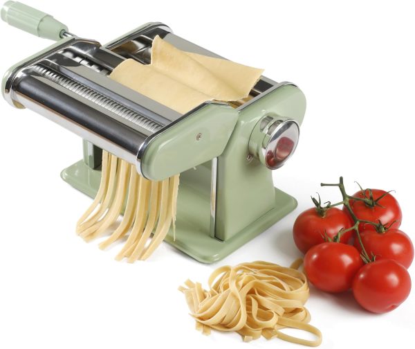Kitchen Essential Pasta  Manual Pasta Maker Machine Noodle Maker w/Rollers & Cutters - Spaghetti, Fettuccini, Lasagna or Dumpling Skin - Stainless Steel/Juniper Green
