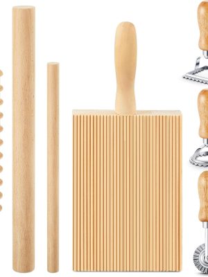 7 Pcs  Pasta Making Tool, Wood  Board with  Stamp and Rolling Pin Set Homemade Kitchen Gift for Baking Lovers(Pasta Style)