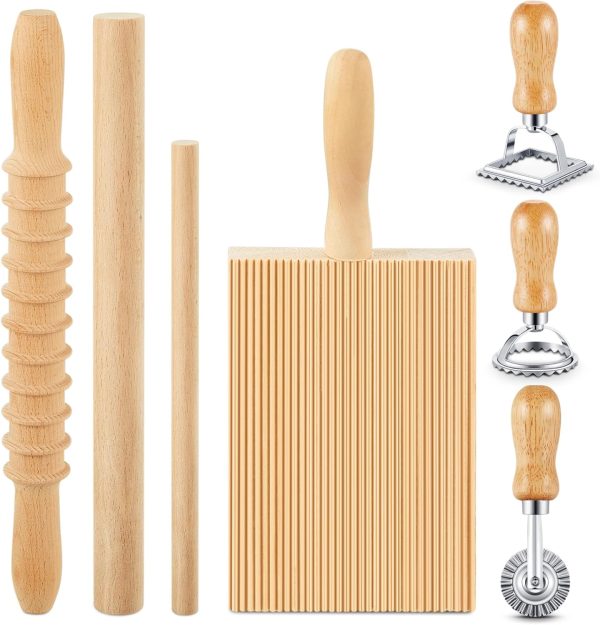 7 Pcs  Pasta Making Tool, Wood  Board with  Stamp and Rolling Pin Set Homemade Kitchen Gift for Baking Lovers(Pasta Style)