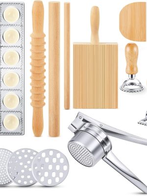 10 Pcs Pasta Making Tool Set Include Ravioli Maker Press, Gnocchi Board, Potato Ricer, Wooden Gnocchi Cutter, Ravioli Rolling Pin, Wood Stick, Dough Scraper 3 Pasta Stamps