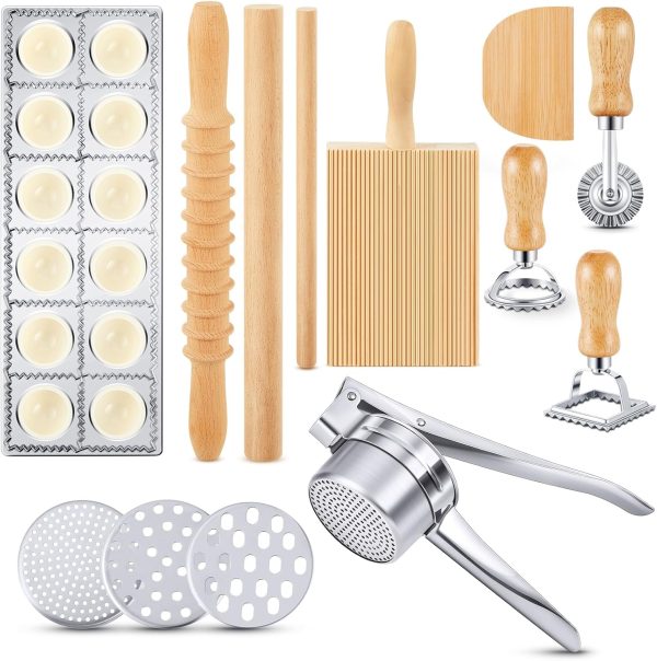 10 Pcs Pasta Making Tool Set Include Ravioli Maker Press, Gnocchi Board, Potato Ricer, Wooden Gnocchi Cutter, Ravioli Rolling Pin, Wood Stick, Dough Scraper 3 Pasta Stamps