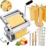 8 Pcs Pasta Maker Machine Set Including Stainless Steel Noodle Maker Machine Wood Pasta Drying Rack Ravioli Stamp Maker Cutter with Pasta Cutter Wheel Mini Rolling Pin Cleaning Brush