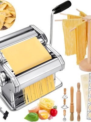 8 Pcs Pasta Maker Machine Set Including Stainless Steel Noodle Maker Machine Wood Pasta Drying Rack Ravioli Stamp Maker Cutter with Pasta Cutter Wheel Mini Rolling Pin Cleaning Brush