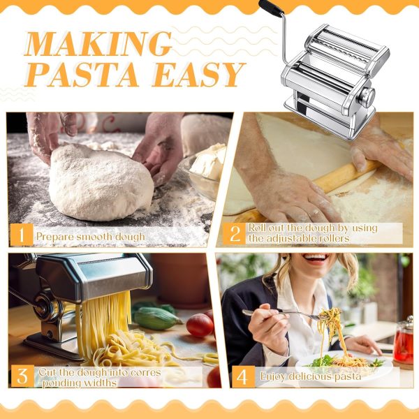 8 Pcs Pasta Maker Machine Set Including Stainless Steel Noodle Maker Machine Wood Pasta Drying Rack Ravioli Stamp Maker Cutter with Pasta Cutter Wheel Mini Rolling Pin Cleaning Brush