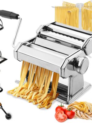Manual Pasta Maker Machine, 150mm Steel Pasta Roller Noodle Maker with 3 Pasta Stamps, 9 Adjustable Thickness Settings Pasta Press, Pasta Drying Rack, Cutter for Lasagna, Fettuccine