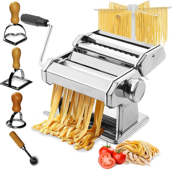 Manual Pasta Maker Machine, 150mm Steel Pasta Roller Noodle Maker with 3 Pasta Stamps, 9 Adjustable Thickness Settings Pasta Press, Pasta Drying Rack, Cutter for Lasagna, Fettuccine