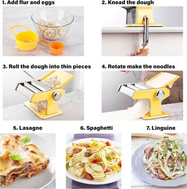 Pasta Machine - Stainless Steel Roller Pasta Maker - 7 Adjustable Thickness Settings Noodles Maker with Hand Crank, Perfect for Spaghetti, Fettuccini, Lasagna or Dumpling Skins